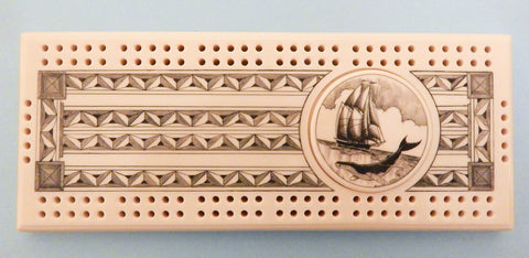 Scrimshaw Ship and Right Whale Cribbage Board