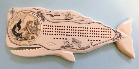 Scrimshaw Whale Cribbage Board w/ Cahoon Mermaid Well Cover
