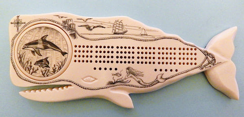Scrimshaw Whale Cribbage Board w/ Dolphins Well Cover