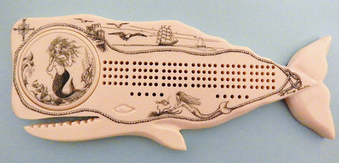 Scrimshaw Whale Cribbage Board w/ Mermaid Well Cover